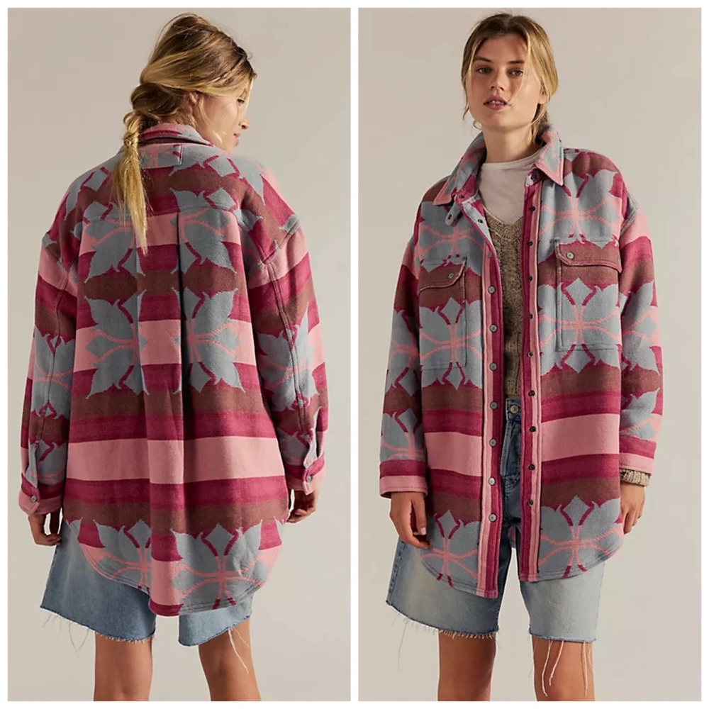 Free People Shenandoah London Fog Jacket Striped Pink Blue Floral Small‎ FLAWED